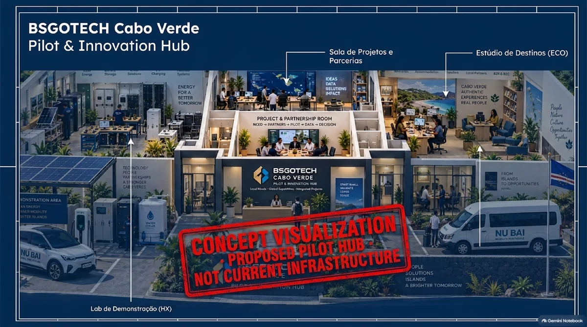Spread — Proposed BSGOTECH Pilot Hub for Cabo Verde. Concept visualization only.