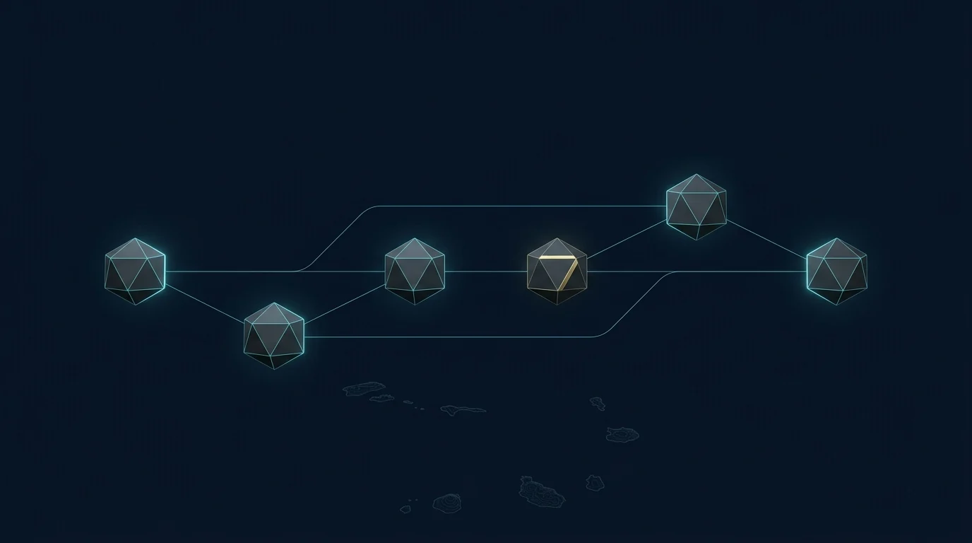 Strategic validation-model diagram — six geometric nodes connected by digital lines over a subtle Cabo Verde contour.