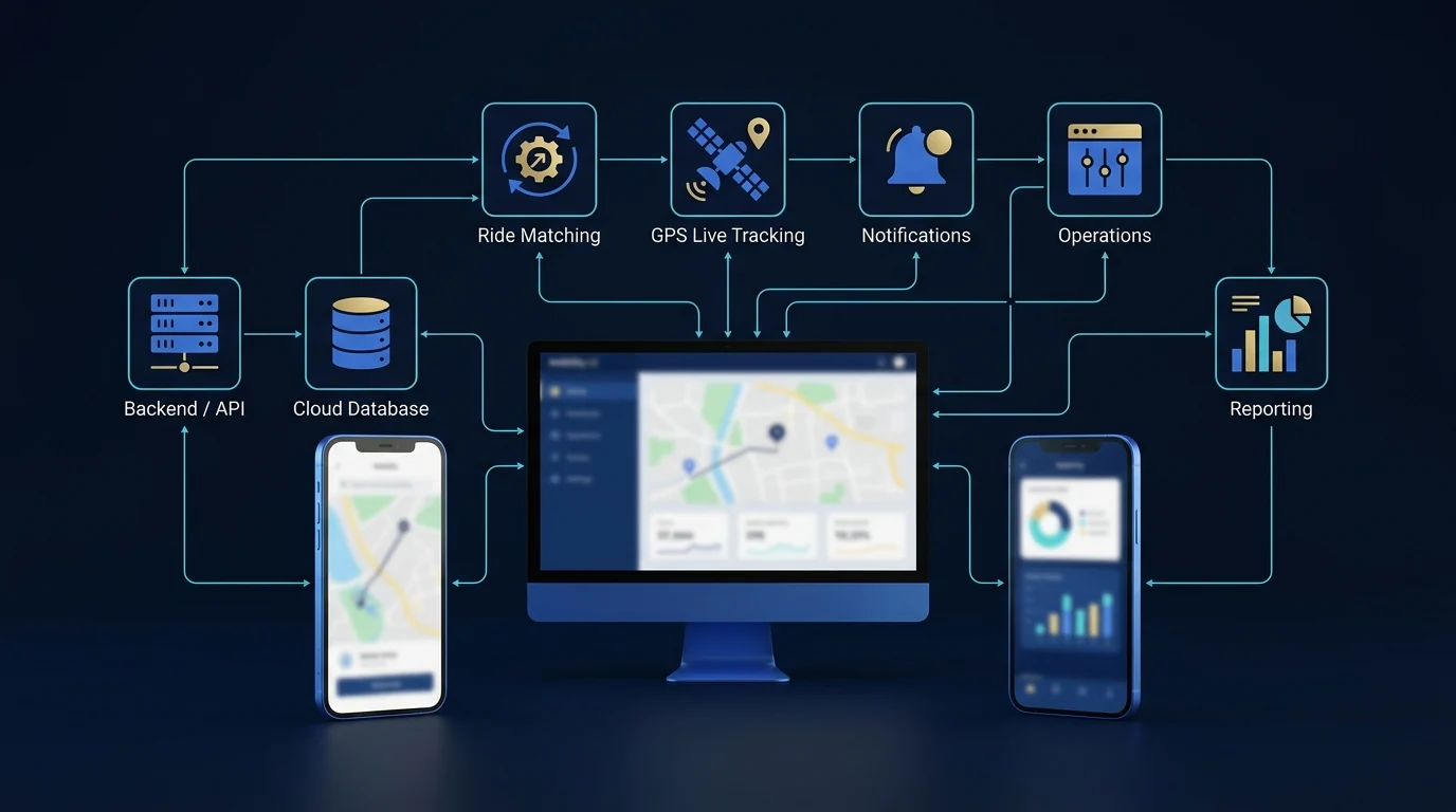 Nu Bai Phase 1 MVP architecture — Passenger App, Driver App, Admin Dashboard connected via a clean backend / API architecture diagram.