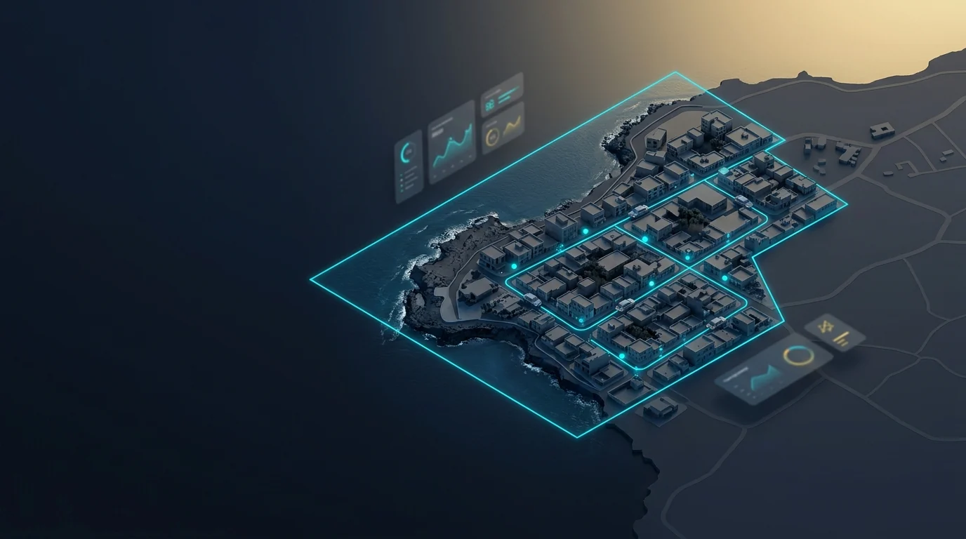 Isometric visualization of a small controlled mobility pilot in a Cabo Verde-like coastal urban zone with a defined pilot boundary and a limited number of vehicles.