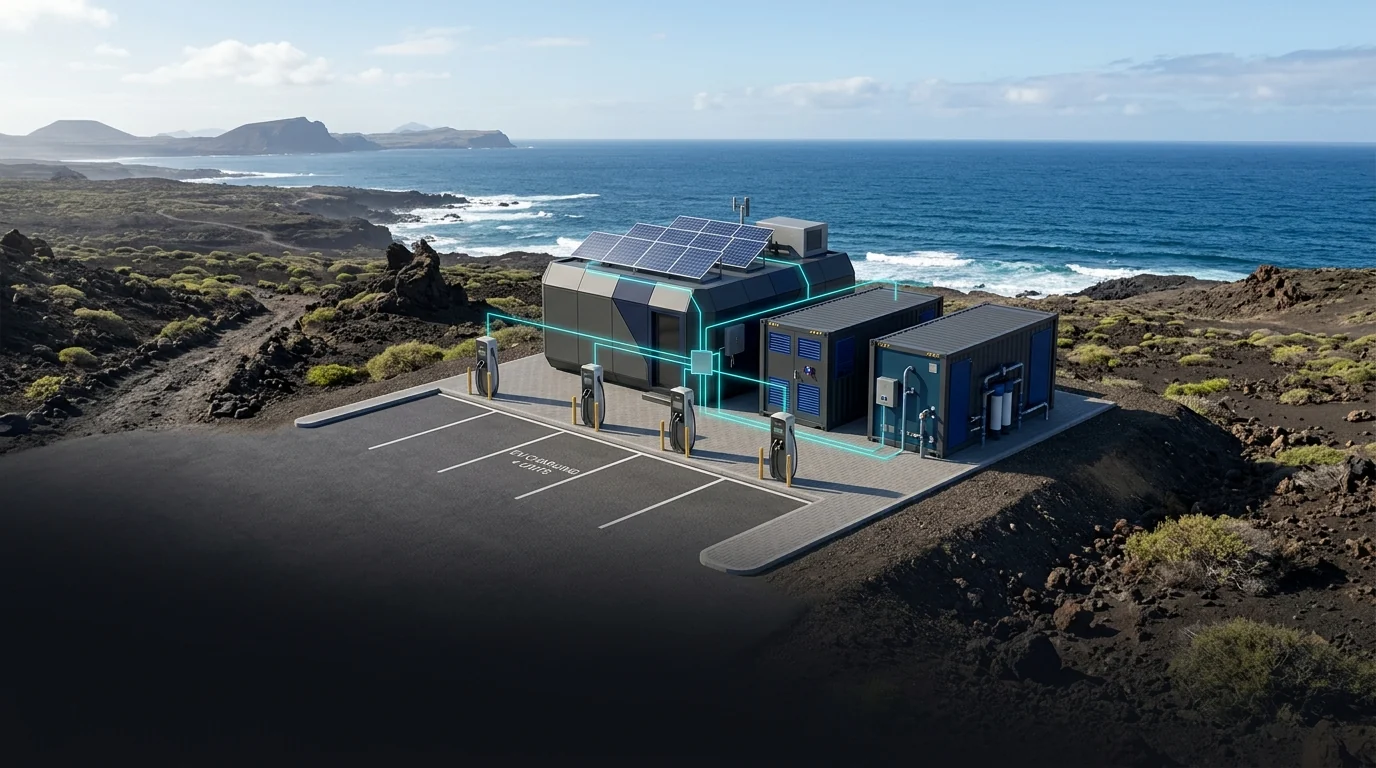Concept visualization of a small integrated clean-energy pilot site on a Cabo Verde-style island — solar, battery storage, EV charging, water technology and digital connectivity.