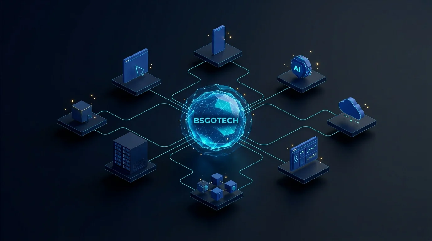 BSGOTECH Digital integration ecosystem — central core connected to Web, Mobile, AI, Cloud, APIs, Dashboards, generic Digital Hardware and Edge Devices.