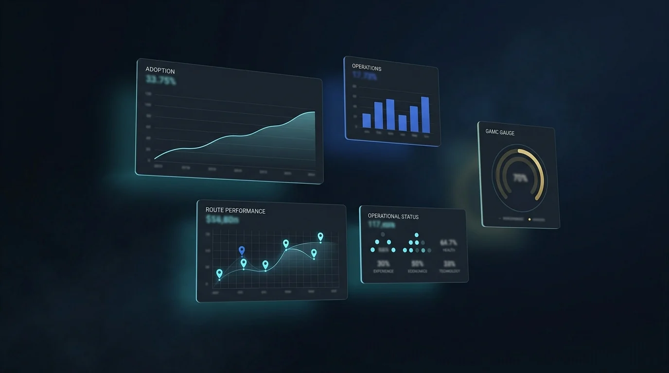 Premium data-visualization environment — abstract dashboard cards showing what would be measured during a pilot: adoption, operations, experience, economics, technology.