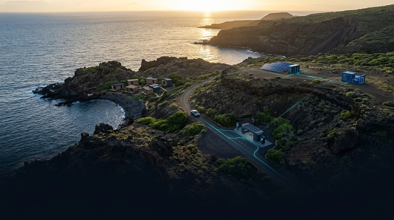 Long-term integrated Cabo Verde island vision — tourism, mobility hub, small solar+battery pilot, modular structure and water technology connected via a subtle digital layer. Conceptual, phased, not deployed.