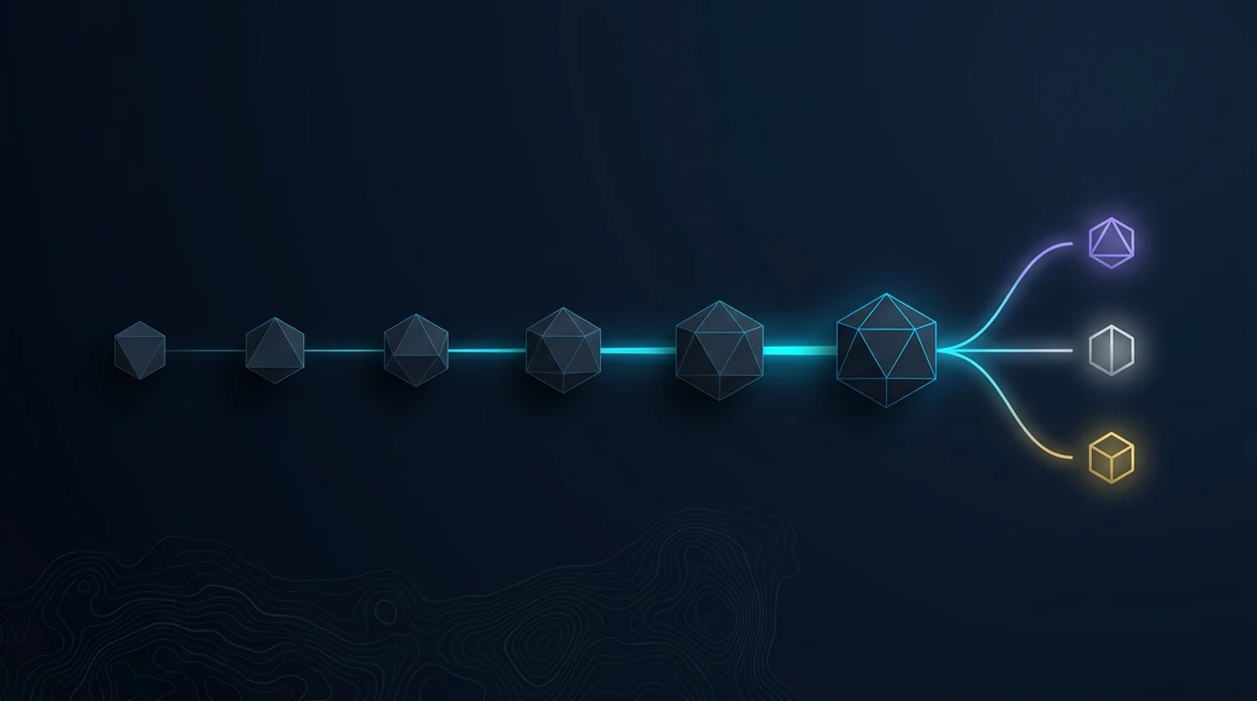 Six-checkpoint strategic journey — Dialogue, Discovery, Partners, Pilot Design, Validation and a final Decision node forking into Adapt · Stop · Scale.