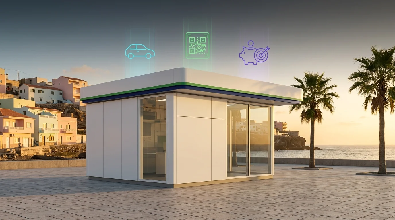 Concept visualization of a compact modular Nu Bai Point proximity kiosk in a coastal Cabo Verde town, with subtle MOVE, PAY and FUTURE pillar icons floating above.