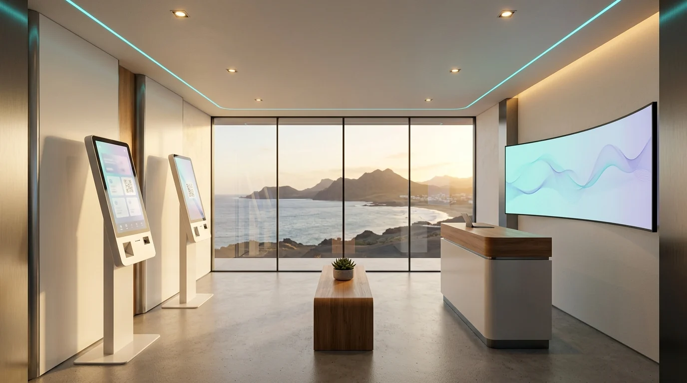 Interior of a modular Nu Bai Point — self-service touchscreen terminals on one side, a compact assistance counter with a curved digital wall display on the other side, warm minimalist finishes and a coastal Cabo Verde view at golden hour. No people.