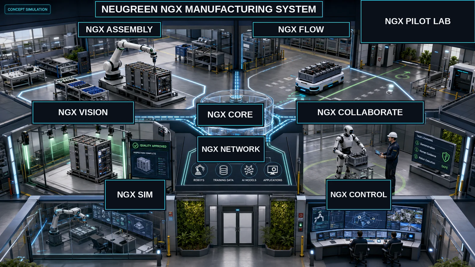 Concept simulation of the future NEUGREEN NGX Manufacturing System, showing nine functional modules for assembly, material flow, vision inspection, human-robot collaboration, digital integration, data network, simulation, human supervision and a future pilot lab.