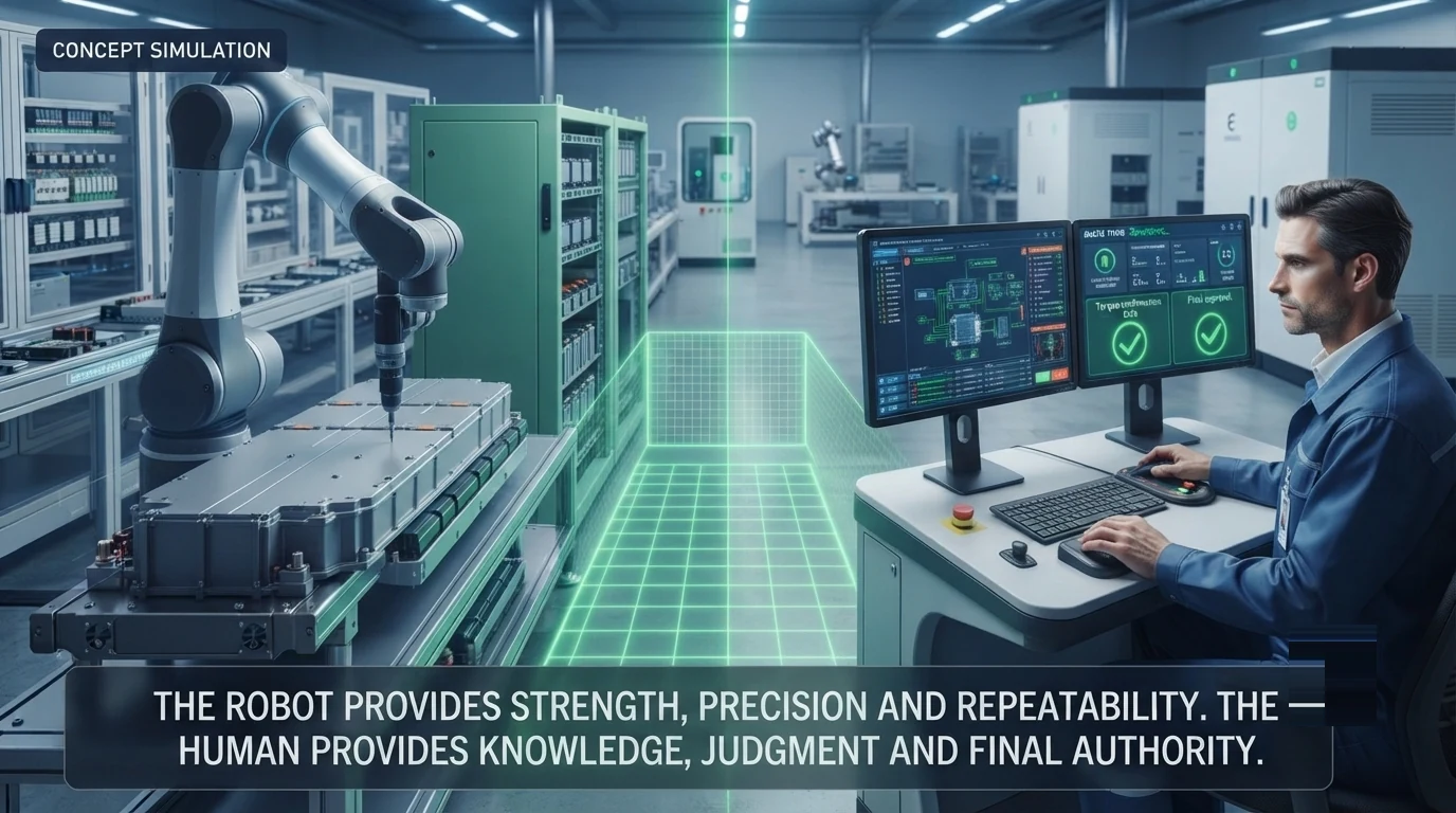 Concept simulation of a future NeuNexus workflow: a generic collaborative robotic arm next to an open battery cabinet with organized component trays and an inspection camera, while a qualified technician supervises the process near an emergency stop.